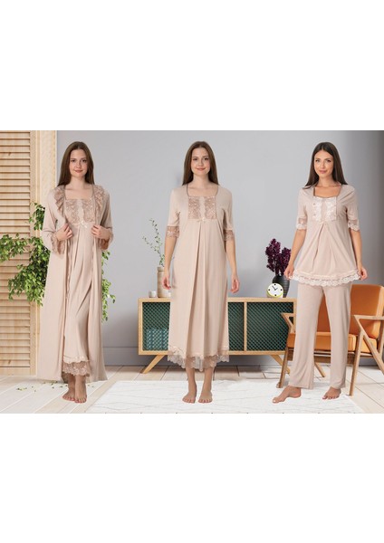 Dvina Effortt Lohusa 4'lü Set - Sabahlık/pijama Takımı/gecelik Bej - 6036