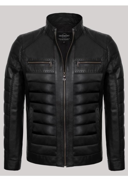 Hakiki Deri Siyah Erkek Deri Mont Sırt Işlemeli Deri Ceket