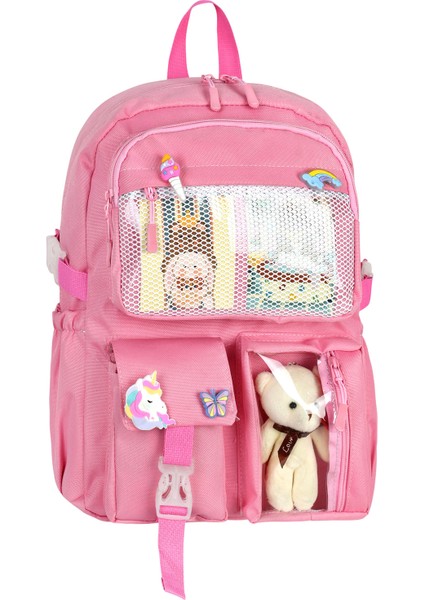 Waddell Kawaii Kore Tarzı Aksesuarlı Ilkokul Sırt Çantası Kız Çocuk ve Erkek Çocuk Sırt Çantası Pembe