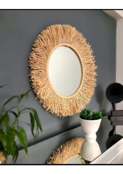 El Yapımı Doğal Rafya Bohem Ayna Büyük Boy