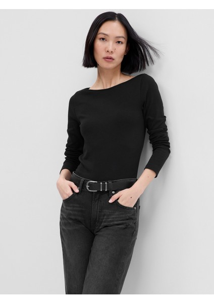 Kadın Siyah Kayık Yaka Modal T-Shirt