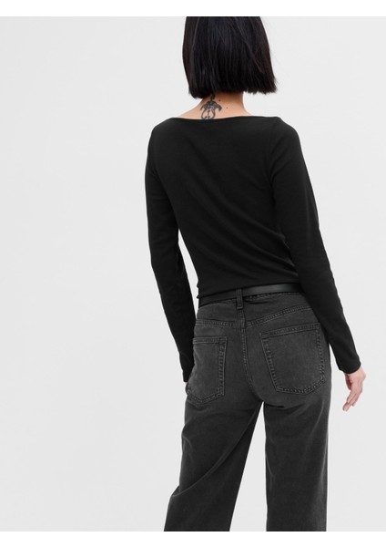 Kadın Siyah Kayık Yaka Modal T-Shirt modelleri