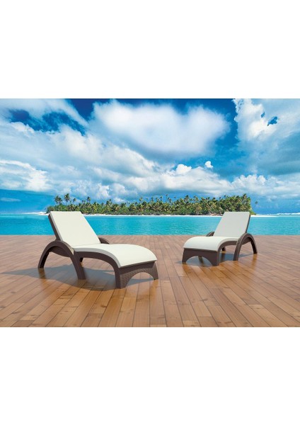 TRK-860 Siesta Fiji Bej Minderli Rattan Desenli Ayarlanabilir Lüks Şezlong Kahverengi 2'li Set