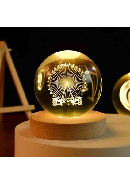 Premium Kristal Cam Kar Küresi 3D Işıklı Biblo Lamba Ahşap Taban LED Dekoratif Usb'li Hediyelik Seti