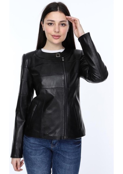 Hakiki Deri Siyah Yuvarlak Yaka Luna Kadın Deri Mont modelleri