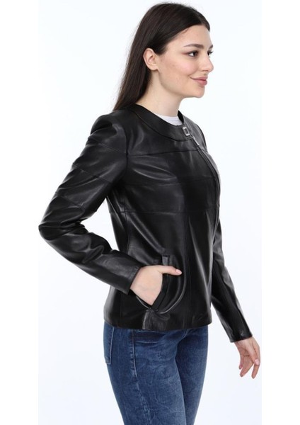 Hakiki Deri Siyah Yuvarlak Yaka Luna Kadın Deri Mont fırsatları
