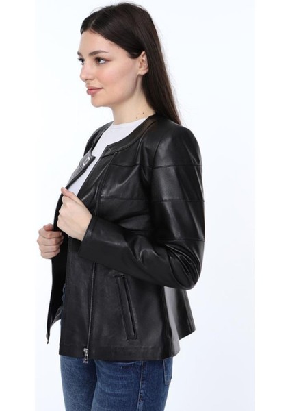 Hakiki Deri Siyah Yuvarlak Yaka Luna Kadın Deri Mont indirimleri