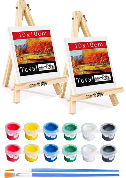 Mini Şövale 10X10 cm Tuval 3 ml Akrilik Boya 6 Renk ve Fırça 2 Adet 10X10 Mini Tuval Masaüstü Küçük Şövale Boyama Seti