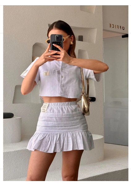 Kadın Etek Gömlek Keten Kumaş Beyaz Ikili Alt Üst Takım