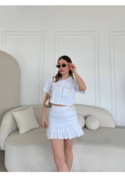 Kadın Etek Gömlek Keten Kumaş Beyaz Ikili Alt Üst Takım fiyatları