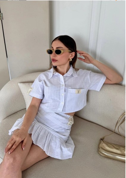 Kadın Etek Gömlek Keten Kumaş Beyaz Ikili Alt Üst Takım fırsatları