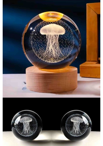 Premium Kristal Cam Kar Küresi 3D Işıklı Biblo Lamba Ahşap Taban LED Dekoratif Usb'li Hediyelik Seti