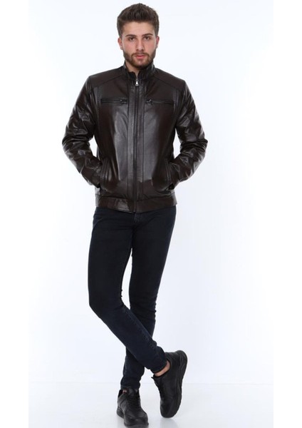 Hakiki Deri Kahverengi Darcia Fermuarlı Erkek Deri Ceket fiyatları