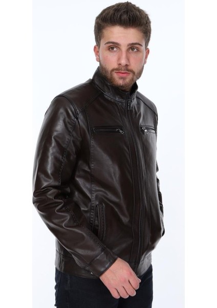 Hakiki Deri Kahverengi Darcia Fermuarlı Erkek Deri Ceket modelleri