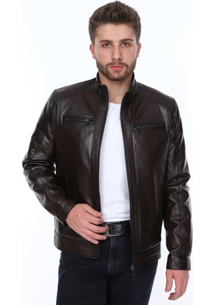 Hakiki Deri Kahverengi Darcia Fermuarlı Erkek Deri Ceket fırsatları