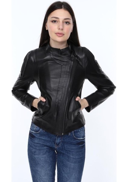 Hakiki Deri Siyah Yandan Fermuarlı Kadın Ceket
