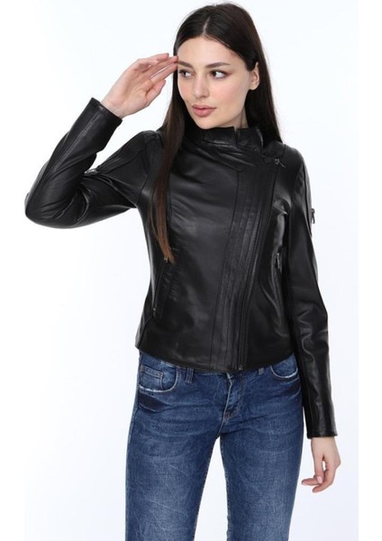 Hakiki Deri Siyah Yandan Fermuarlı Kadın Ceket modelleri