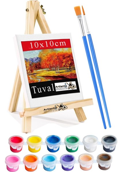 Mini Şövale 10X10 cm Tuval 3 ml Akrilik Boya 12 Renk ve Fırça 1 Paket 10X10 Mini Tuval Masaüstü Küçük Şövale Boyama Seti