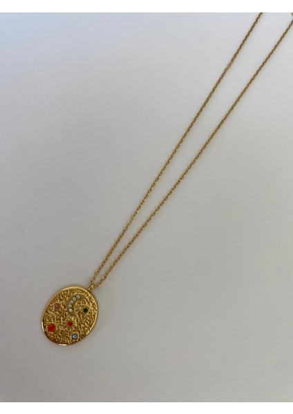 Renkli Hilal Taşlı Oval Gold Çelik Kolye