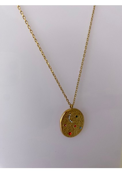 Renkli Hilal Taşlı Oval Gold Çelik Kolye modelleri