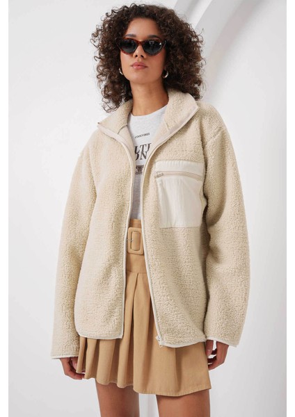 Fermuarlı Oversize Peluş Krem Kadın Ceket 55446