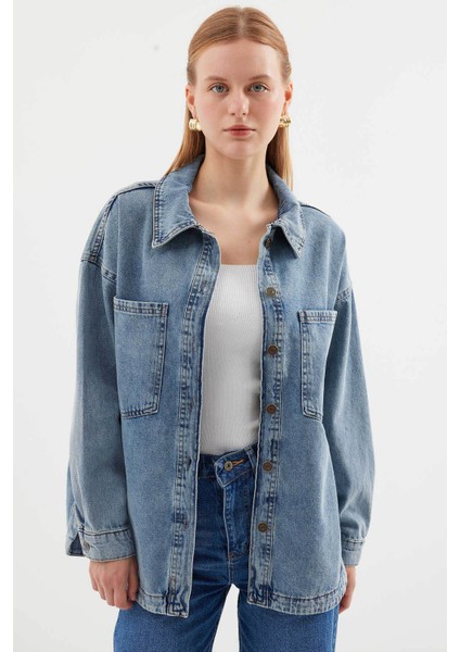 Oversize Denim Buz Mavisi Kadın Ceket 0694