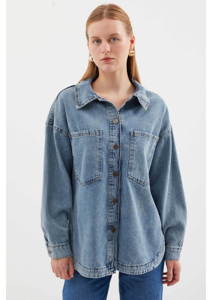 Oversize Denim Buz Mavisi Kadın Ceket 0694