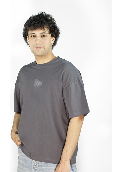 Loopnity | Gri Renk Baskılı Erkek T-Shirt | Oversize fırsatları