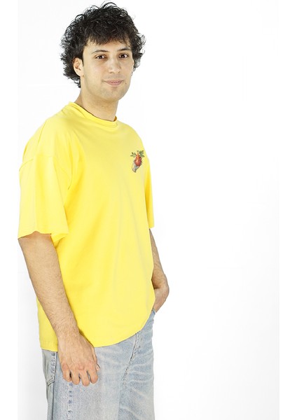 Cardipalm | Sarı Renk Baskılı Erkek T-Shirt | Oversize modelleri