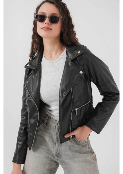 Biker Siyah Kadın Deri Ceket 1025