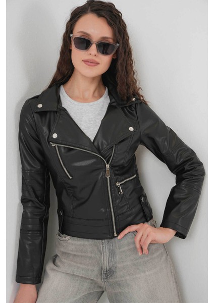 Biker Siyah Kadın Deri Ceket 1025 modelleri