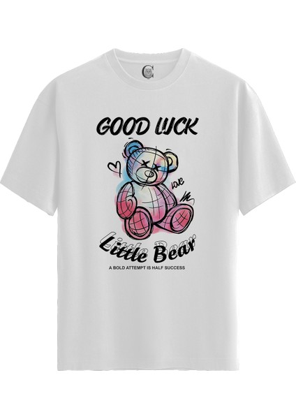 Lucky Bear - %100 Pamuklu Erkek Beyaz Tişört - Premium Quality