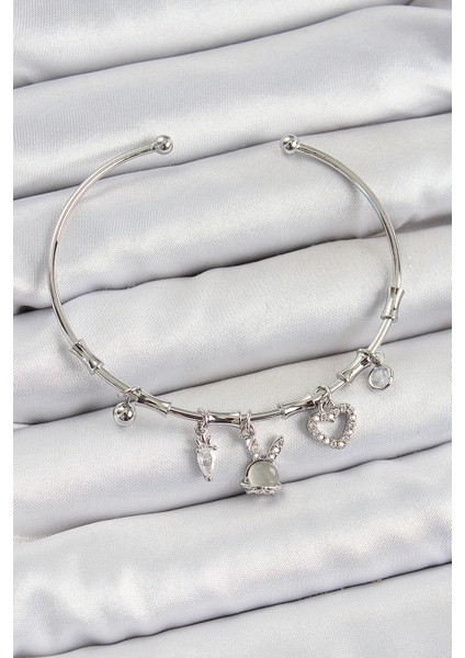 Pirinç Zirkon Taşlı Tavşan ve Kalp Model Gümüş Renk Charm Bileklik