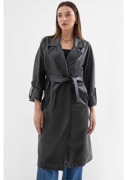 Suni Deri Siyah Kadın Trençkot 1034 fiyatları