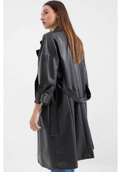 Suni Deri Siyah Kadın Trençkot 1034 fırsatları