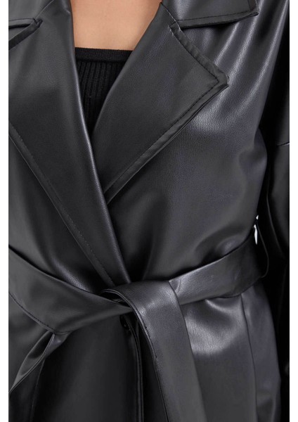 Suni Deri Siyah Kadın Trençkot 1034 indirimleri