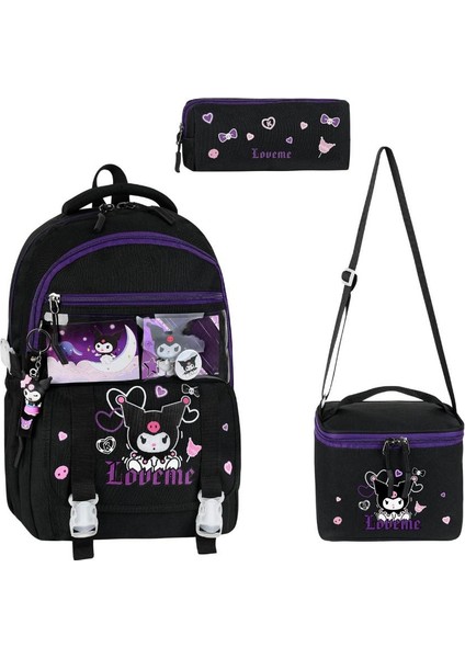 Ilkokul Kız Çocuk Çantası 3'lü Set Kuromi Benzeri 42*30 cm Beslenme Çantası Kalem Kutusu Ortopedik