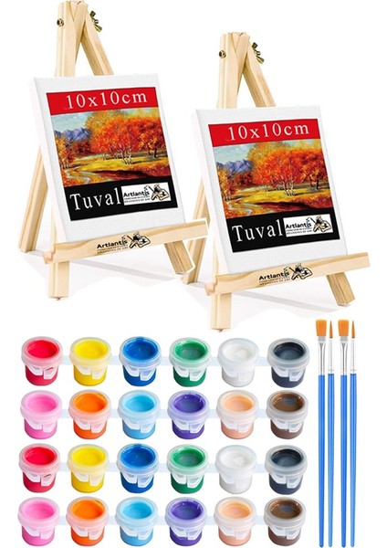 Mini Şövale 10X10 cm Tuval 3 ml Akrilik Boya 12 Renk ve Fırça 2 Adet 10X10 Mini Tuval Masaüstü Küçük Şövale Boyama Seti