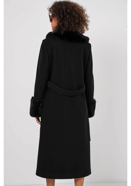 Kürk Detay Uzun Siyah Kadın Kaban 9149 indirimleri
