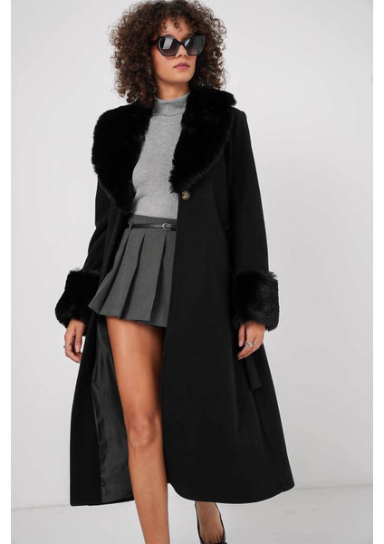Kürk Detay Uzun Siyah Kadın Kaban 9149 fiyatları