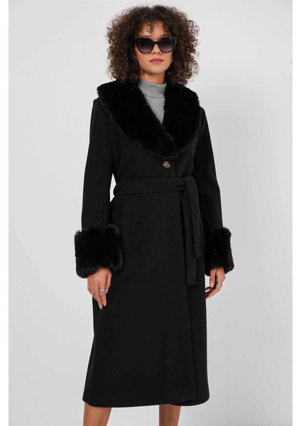 Kürk Detay Uzun Siyah Kadın Kaban 9149 modelleri