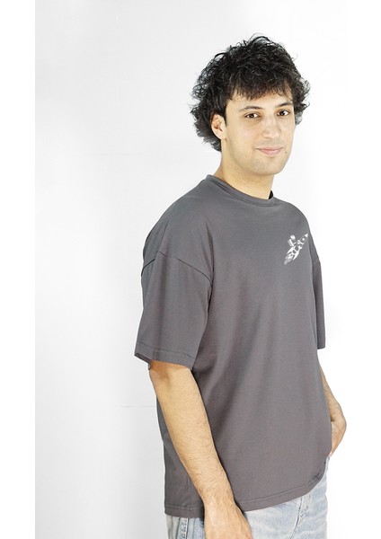 Skyperch | Gri Renk Baskılı Erkek T-Shirt | Oversize modelleri