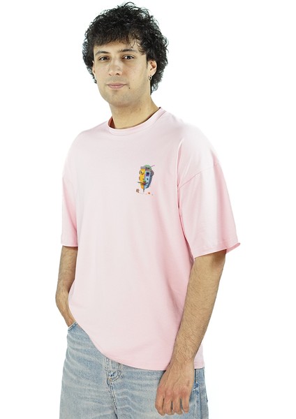 Facia Machina | Pembe Renk Baskılı Erkek T-Shirt | Oversize fırsatları
