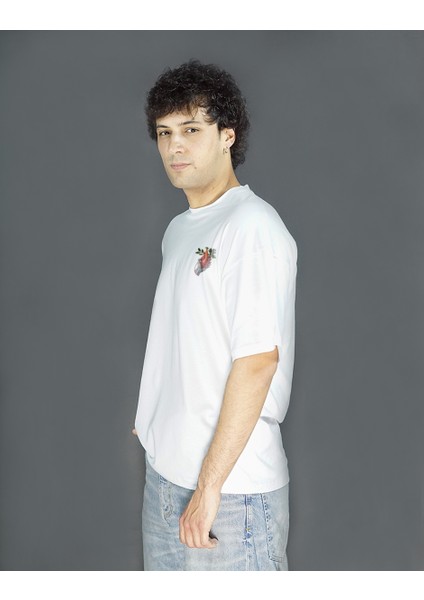 Cardipalm | Beyaz Renk Baskılı Erkek T-Shirt | Oversize modelleri