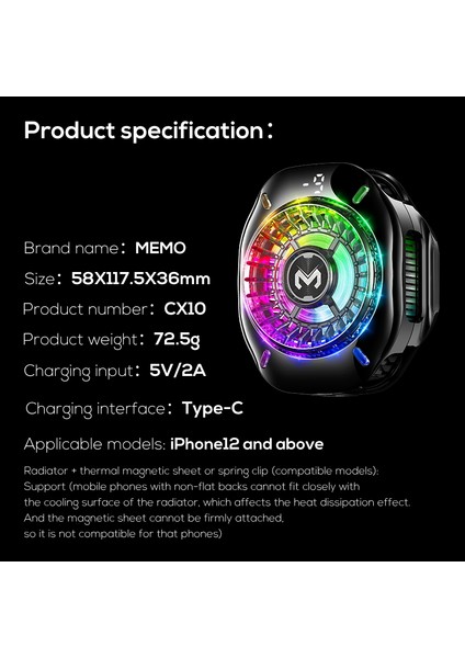 Memo CX10 Aı Modları Oyun Soğutucu Hızlı Buzlanma Rgb Özellikli Cep Telefonu Soğutucu indirimleri