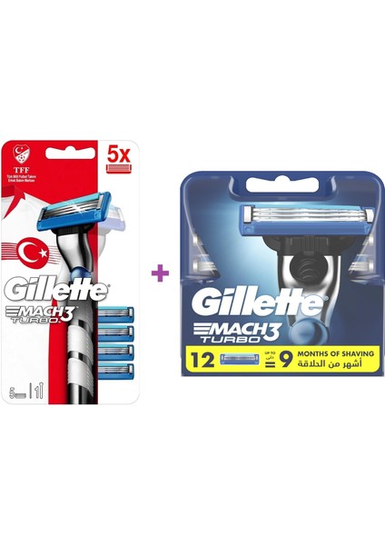 Mach 3 Turbo Tıraş Makinesi + Gillette Mach3 Turbo Yedek Erkek Tıraş Bıçağı 12'li Set