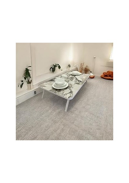 Yer Sofrası Mutfak Sofrası Kolay Taşınabilir 60 x 100 cm Balkon Sofra (Beyaz Mermer)