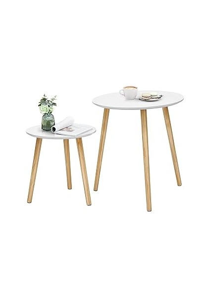 Songmics Yan Sehpa Seti, Yuvarlak, 2 Modern Kanepe Sehpası, Minimalist, Iskandinav Tarzı, Masif Ahş