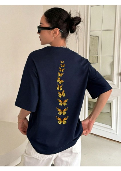 Unisex Pamuklu Sırt Kral Kelebek Baskılı Tasarım Tshirt