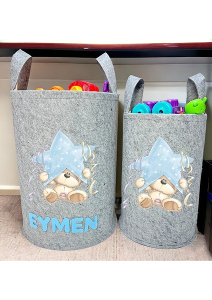 Unisex Kişiye Özel Isimli Gri Baskılı Büyük ve Orta Boy Bebek Çocuk Odası Oyuncak ve Çamaşır Sepeti